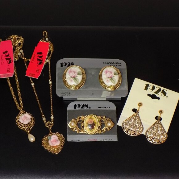1928 Jewelry - Lot of 5 New 1928 Floral Brooch, Necklaces, Clip-On & Drop Earrings Bundle